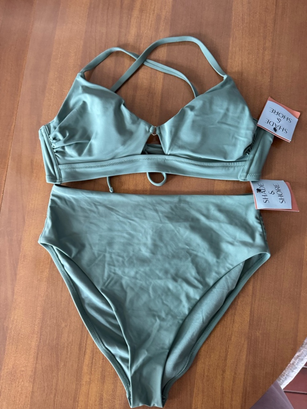 Shade & Shore Sage Green High-Rise Bikini Set. The top is 36c & Bottom is M